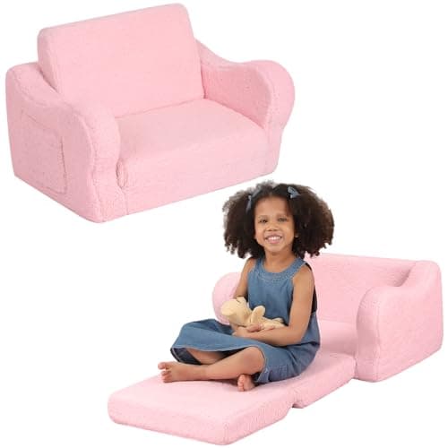 Image of BestRoyal Comfy Toddler Chair, 2-in-1 Toddler Couch Fold Out, Kids Sofa Bed for Boys & Girls, Pink