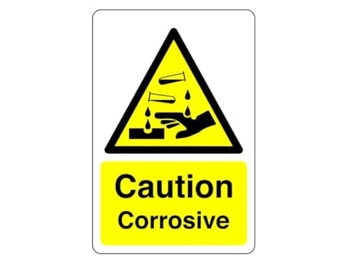 Image of Safety First Display LTD Caution corrosive sign - High tack self-adhesive sticker (150mm x 100mm) Viewing Distance within 3m.