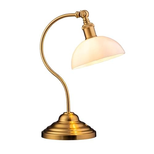 Image of O'Bright Bankers - Cordless LED Table Lamp, Battery-Operated, Rechargeable, 3-Level Dimming, Universal USB-C Charging, 180° Swivel Head, White Jade Glass Shade, Antique Brass