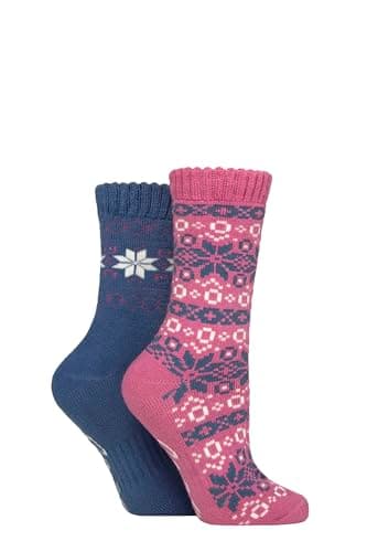 Image of Jeep Women’s 2 Pairs Fair Isle Thermal Boot Socks – Brushed Terry-Loop Interior, Thick Cushioned, Warm & Breathable with Soft Top Cuff, Outdoor Winter Comfort, Size UK 4–8 Rose/Blue