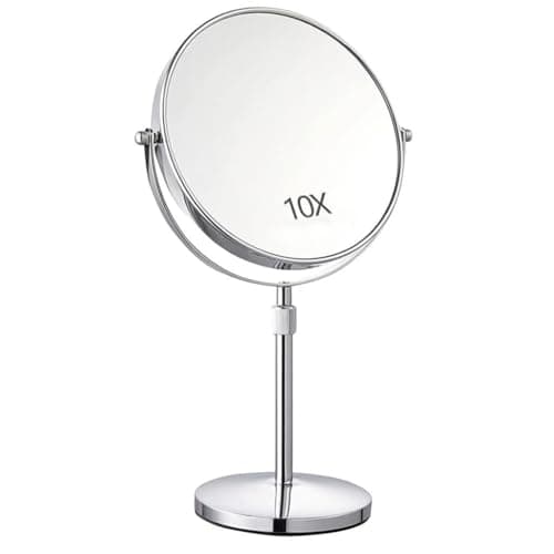 Image of ARRRBLY Double Sided Tabletop Makeup Mirror 1X/10X Magnification, 8 Inch Large Round Vanity Mirror, Height Adjustable 360° Swivel Freestanding Desktop Mirror, Premium Chrome Finish, Bedroom & Shaving