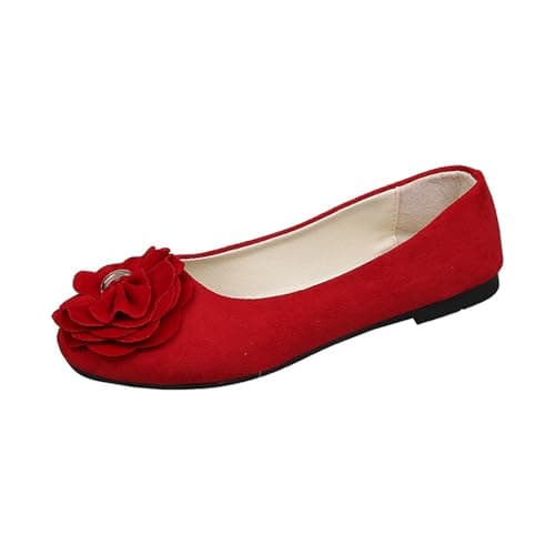 Image of Womens Floral Ballet Shoes Suede Round Toe Dress Shoes Ladies Flat Sandals Casual Work Office Slip On Moccasins Daily Dating Commuting Flats Loafers Red