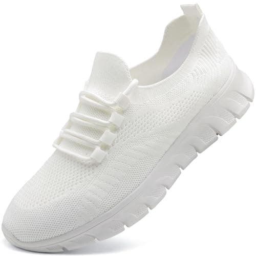 Image of Slip on Trainers Mens Gym Running Shoes Breathable Walking Jogging Tennis Sneakers Casual Athletic Sports White Size 9