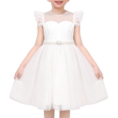 Image of Sunny Fashion Girls Dress White Lace Mesh Diamond Pearl Flying Sleeve Formal Wedding Age 8 Years