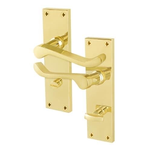 Image of EAI Brass Victorian Scroll Bathroom Handles, 1 Pair of Polished Brass Internal Lever Door Handles on Backplate