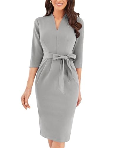 Image of GRACE KARIN Women's Cocktail Dress 3/4 Sleeve Elegant Wedding Guest Bodycon Belted Dresses with Pockets Grey M