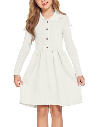 Image of Flypigs Girls' Long-Sleeved Sweater Dress with Peter Pan Collar - Knitted A-Line Winter Dress with Buttons - Casual White 4-5 Years