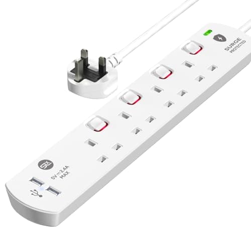 Image of SLx Extension Lead 1m 4 Way Gang Switched Surge Protected Power Strip with 2 USB A Ports & LED Indicator 13A UK Plug & 3 Pin Sockets Wall Mountable Extension Cord for Home, Office or Garage White