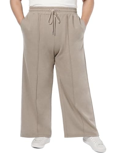 Image of Moon Wood Women's Plus Size Sweatpants High Waisted Straight Wide Leg Casual Pants Baggy Lounge Pants with Pockets Joggers, Beige, X-L Plus