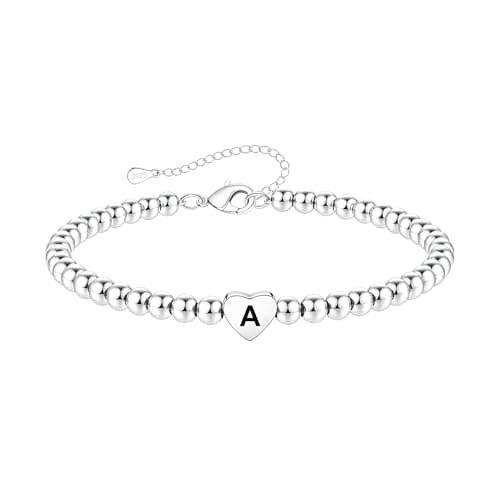 Image of DORANA Sterling Silver Bracelet For Women Silver Initial Heart Bracelet Non Tarnish 925 Beaded Bracelets For Women Girls Hypoallergenic Friendship Daughter Bracelets,A