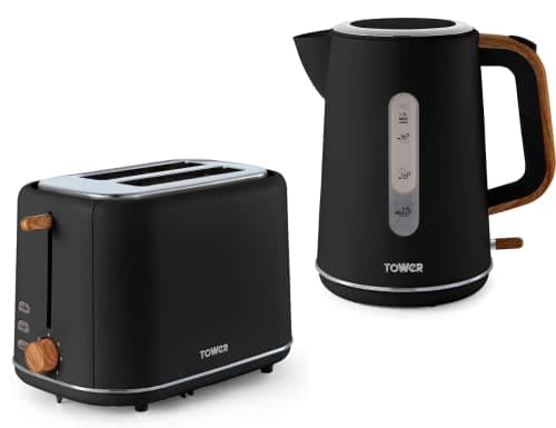 Image of Tower Scandi Black 1.7L 3KW Rapid Boil Kettle & 2 Slice Toaster. Matching Scandinavian Minimalist Design Kettle & 2 Slice Toaster Set in Black (TWRSCANKT2BLK)
