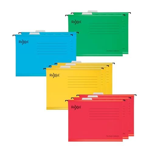 Image of Rexel Classic A4 Reinforced Suspension Files for Filing Cabinets, 15 mm V base, 100 Percent Recycled Card, Assorted Colours, Pack of 10, 2115585