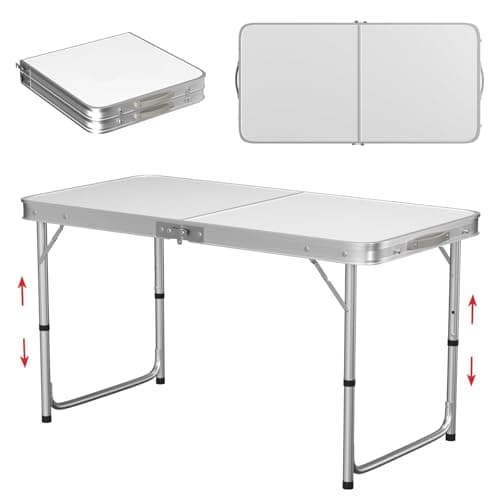 Image of 4ft Folding Table, 3 Adjustable Heights Camping Table (55/62/70 cm), Aluminum Trestle Table with Load Capacity of 50kg, Portable Picnic Table with Carrying Handle Perfect for Indoor and Outdoor Use