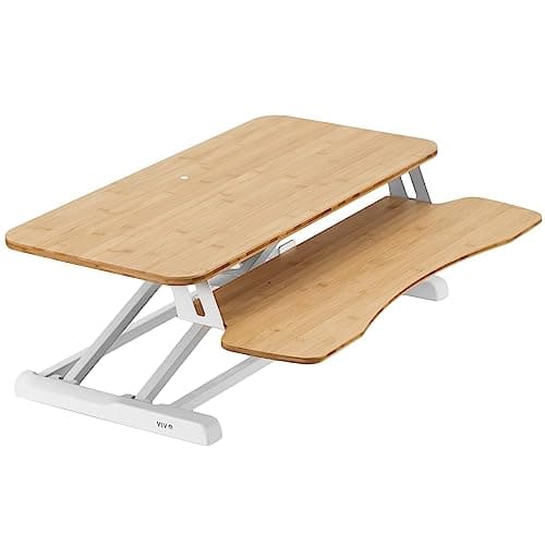 Image of VIVO 32 inch Desk Converter, K Series, Height Adjustable Sit to Stand Riser, Dual Monitor and Laptop Workstation with Wide Keyboard Tray, Bamboo Top, White Frame, DESK-V000KO