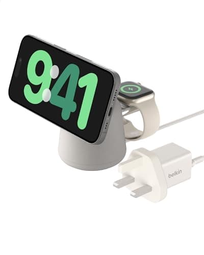 Image of Belkin BoostCharge Pro 2-in-1 Wireless Charger with Qi2 15W, MagSafe-Compatible Charger for iPhone 17, Air, 16, 15, 14 Series, Apple Watch, AirPods & Other Qi2 Enabled Devices, PSU Included - Sand