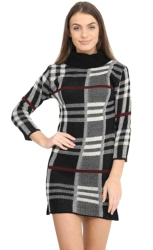 Image of Ladies Fashion Polo Neck Ribbed Knitted Bodycon Midi Party Wear Dresses Women’s Winter Wear Long Sleeve Tartan Plus Sizes Checkered Jumper Dresses (Black, UK 10)