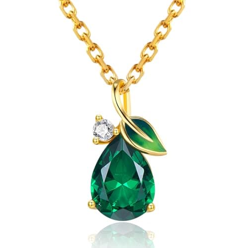 Image of May Birthstone Emerald Necklace, 925 Sterling Silver Enamel Leaf Pendant, 18K Gold Plated Teardrop Necklace Jewellery Gifts for Women