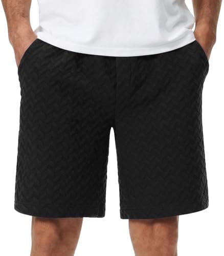 Image of Comilaka Men's Textured Shorts Summer Casual Shorts Drawstring Shorts with Pockets Black