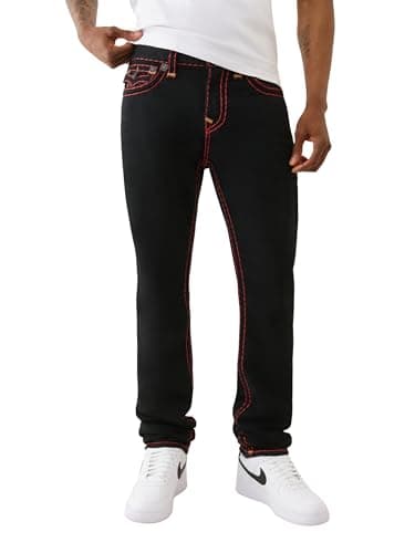 Image of True Religion Men's Stacked Rocco Super T Flap Jeans – Slim Stacked Fit & Flap Pockets, Black Rinse, 36