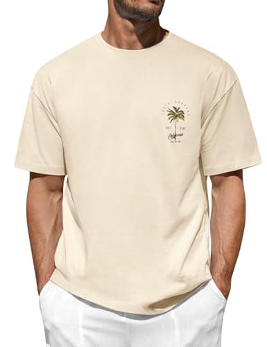 Image of TOMEEK Mens T Shirt Graphic T-Shirts Casual Short Sleeve Cotton Tee Shirts Palm Tree Print Summer Top Cool California T-Shirts for Men UK,Beige,L