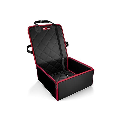 Image of Dog Car Seat and Booster - 2-in-1 Travel Bed & Waterproof Cover for Small and Medium Dogs, Padded with Safety Belt and Nonslip Base (Black/Red)