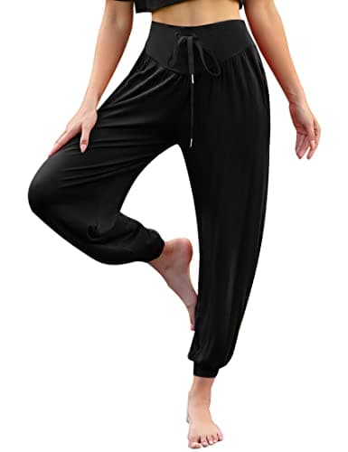 Image of Terecey Yoga Pants for Women Cotton Soft Modal Sweatpants with Pockets Casual Harem Lounge Pants Athletic Drawstring Joggers Trousers Black