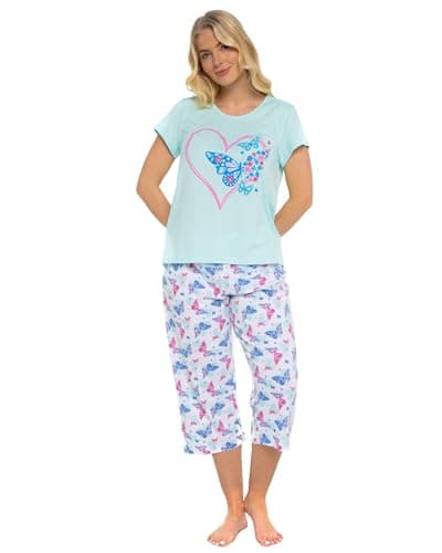 Image of Suzy & Me Womens 100% Cotton Jersey Short Sleeved Cropped Leg Animal, Butterfly, Bear & Heart Design Pyjamas (UK, Numeric, 16, 18, Regular, Regular, SUMMER HEART TURQUOISE)