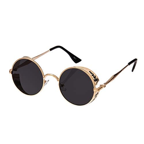 Image of Ultra Steampunk Round Sunglasses Gold with Black Lenses Retro Mens Women Cosplay Cyber Gothic Vintage UV400 Protection Goggles Blinders Unisex