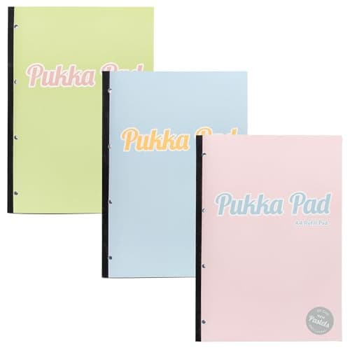 Image of Pukka Pad Pastel A4 Refill Pads – Pack of 3 Tape-Bound, Easy Tear Notepads with 400 Pages, 200 Sheets of 80GSM, 8mm Feint Ruled Lined Paper with 4-Hole Punch Margins for Binder Compatibility