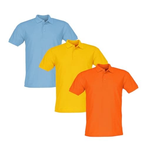 Image of Fruit of the Loom Pack of 3 65/35 Piqué Polo Shirt + Web-Textilien24 Fabric Bag - S M L XL XXL 3XL 4XL 5XL - Various Colour Sets, Sky Blue + Sunflower + Orange, L