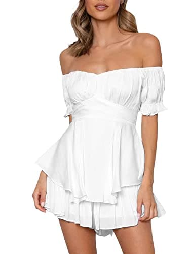 Image of ensswliz Women Puff Sleeve Square Neck Romper Dress Off Shoulder Ruffle Shorts Smocked Layered Flowy A Line MiniBeach Swing Dress Sundress (White, M)