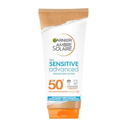 Image of Garnier Ambre Solaire Sun Cream SPF 50+ Sensitive Advanced Sunscreen, High Protect, Water Resistant, Non-Greasy, No White Marks, Hypoallergenic, Fragrance-Free, UVA UVB Protect with Ceramide, 175ml