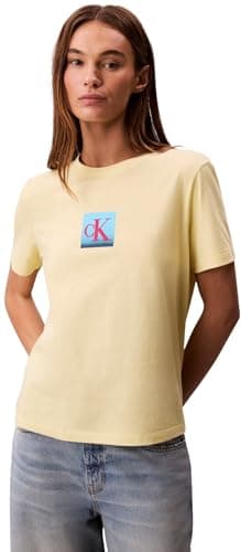 Image of Calvin Klein Women’s Short Sleeve Classic Boxed Monogram T-Shirt with Logo, Yellow (Chartreuse Melon), XL