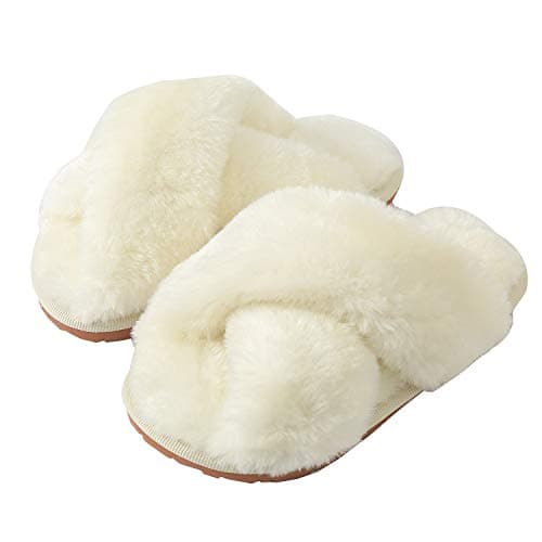 Image of Womens & Girls Slippers Ladies Fluffy Plush House Slippers Cozy Open Toe Faux Fur Sliders for Girls Warm Sandals Indoor Winter Label Size 38-39 White UK 4-5