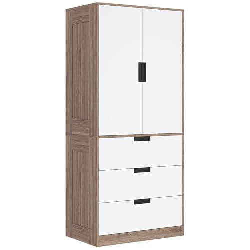 Image of HOMCOM 2 Door Wardrobe with 3 Drawers & Hanging Rail, Modern Clothes Storage Cupboard Unit, Bedroom Wardrobe with Soft Closing Hinge, 50D x 80W x 180Hcm, Brown