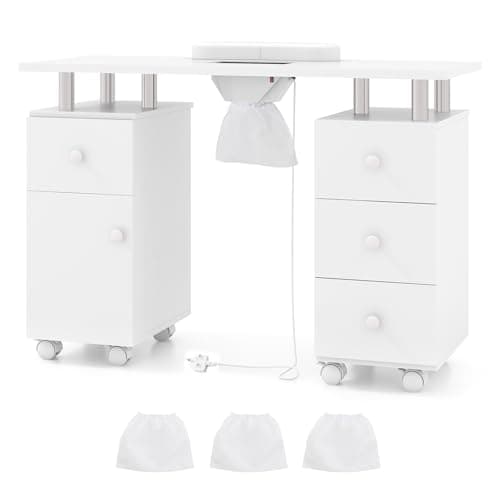 Image of RELAX4LIFE Rolling Manicure Table, Mobile Nail Tech Desk Station with Electric Dust Collector, Wrist Rest, 8 Lockable Wheels, 4 Drawers & 1 Cabinet, Professional Wooden Nail Art Workstation (White)