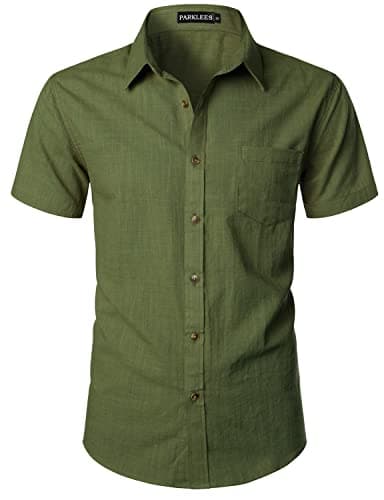 Image of PARKLEES Men's Fitted Cotton Linen Casual Short Sleeve Button Up Shirts Lightweight Beach Tops with Pocket EU-PZLSC34-Olive Green XX-Large