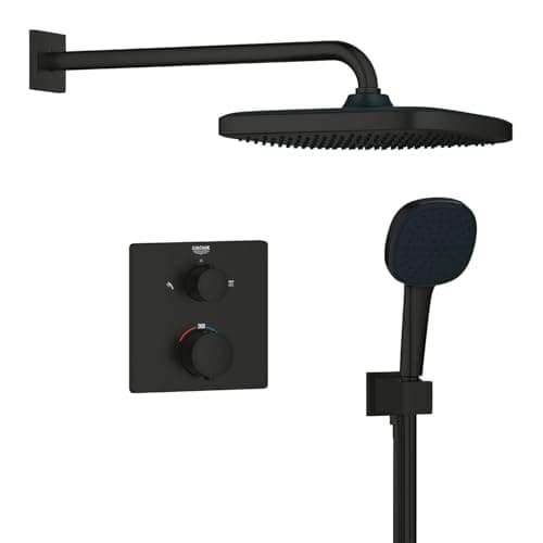 Image of GROHE Precision - Concealed Shower System with Thermostat for 2 Outlets (Integrated Shut Off/Diverter Valve, Head Shower 25cm, Hand Shower 2 Sprays 11cm, Hose 1.5m, Square Trim), Matt Black, 348822430