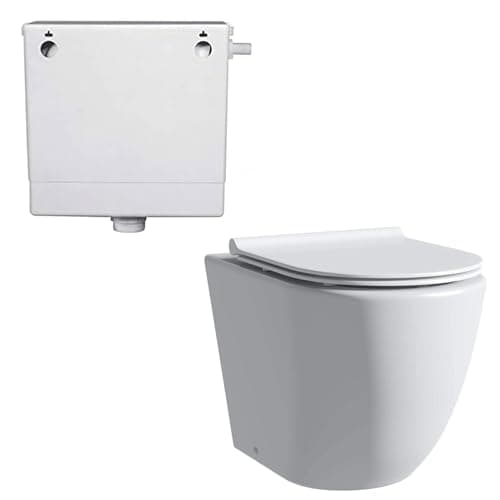 Image of Robanmoa Rimless Back to Wall Toilet and Concealed Cistern Comfort Height Toilets, BTW High Bathroom Toilets White Ceramic WC Pan Soft Close Seat Modern Round Compact Toilet