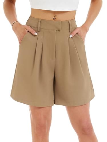 Image of Enjyam Women Classic Tailored Shorts Elegant Suit Shorts for Summer-Khaki/M