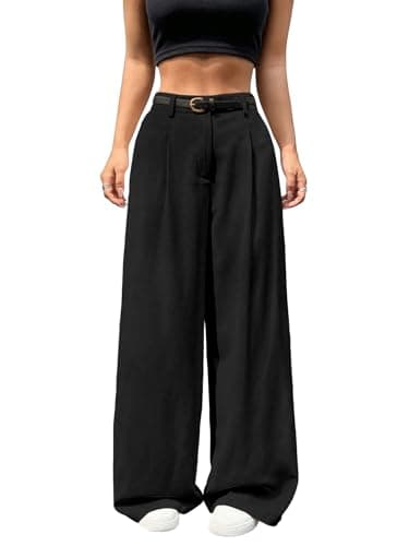 Image of Shasmi Women’s Pleated High Waist Wide Leg Pants – Elegant Loose Fit Black Trousers with Pockets, Casual & Office Wear Straight Leg Trousers (Without Belt)(Trouser 220), Black, L