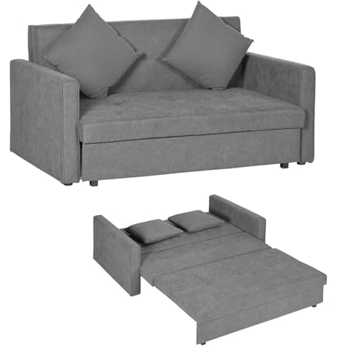 Image of HOMCOM 2 Seater Sofa Bed with Hidden Storage, Pull Out Convertible Bed Settee, Modern Snow Flannel Loveseat Sofa Sleeper with 2 Cushions for Living Room, Guest Room, Grey