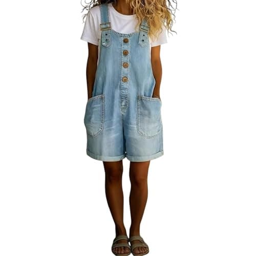 Image of BUKKNYE Womens Denim Dungarees Adjustable Straps Sleeveless Casual Shorts Overalls Bib Jean Dungarees Loose-Fit Washed Distressed Retro Playsuits with Pockets