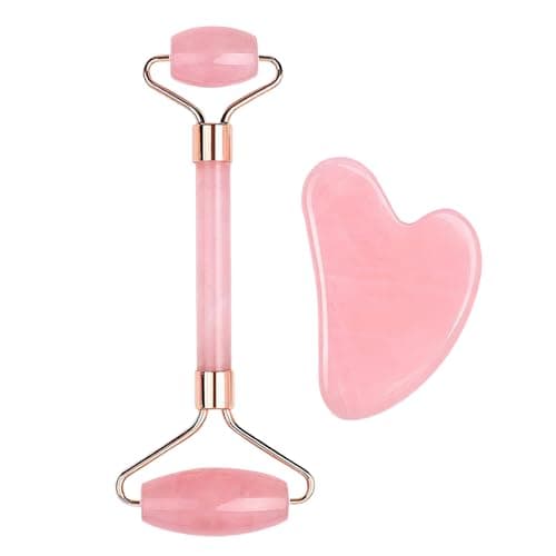 Image of Rose Quartz Roller and Gua Sha Set Pink Jade Face Roller, Gua Sha Set, Anti Aging for Women Girls Men’s Massage Tool for Face, Neck and Body Muscle Relaxing, Pink