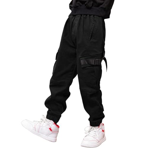 Image of MEILONGER Boys' Cargo Trousers Children's Cotton Casual Trousers Elastic Waist Hiking School Uniform Sweatpants Jogger, black, 140