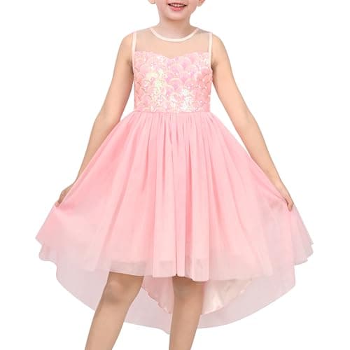 Image of Sunny Fashion Girls Dress Peach Sequin Mermaid High Low Tulle Party Gown Fantasy Beach Formal Pageant Size 12 Years