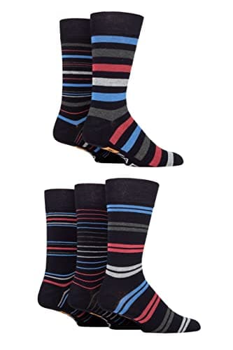 Image of Farah Mens Argyle, Patterned and Striped Bamboo Socks Pack of 5 Navy/Blue/Berry Stripe 6-11