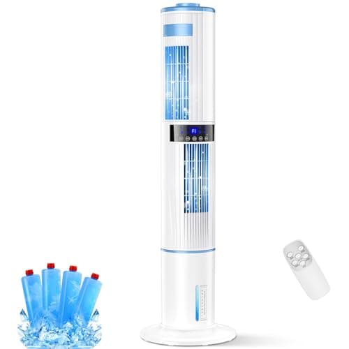 Image of Mobile Air Conditioner, 43.3'' Tower Fan 65W 60°/360° Auto Oscillation, 10m/s Wind Speed 3 Mode 24H Timer Low Noise Remote Control Evaporative Air Cooler w 4 Ice Box Bladeless for Home Bedroom Office