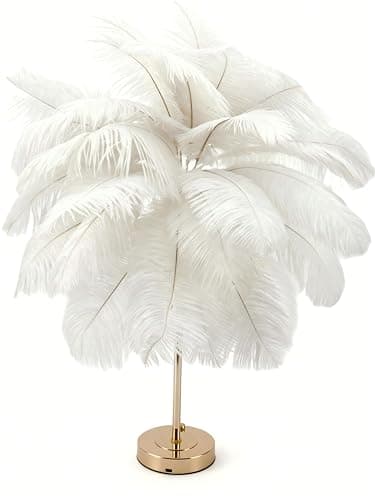 Image of Creative White Ostrich Feather Table Lamp Bedside Lamp Light Luxury and Elegant Lampshade Night Light Table Lighting for Living Room Bedroom Home Decoration, Plug-in