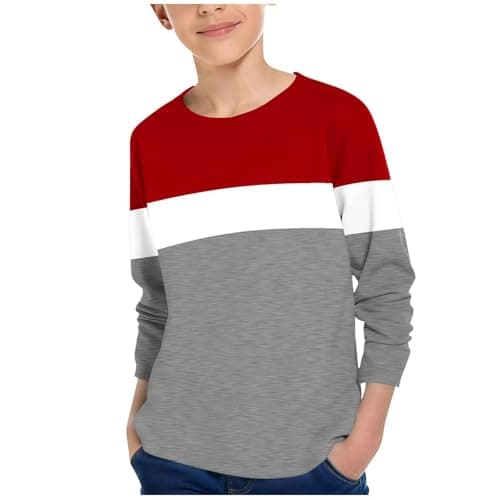 Image of AMhomely Long Sleeve Tops Kids Boys-Contrast Raglan Long Sleeve Tshirt,Crewneck,Stripe,Casual Loose Basic Tees Shirts,Comfort Pullover Tops,Baseball Shirts,Daily School A Red 13-14 Years